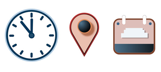 Address. time, and date icon vector. Event elements isolated on transparent background. Clock, pin map location,	 time is money concept