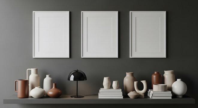 Modern interior design with three vertical frames and decorative objects on a shelf