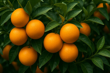 Fresh, vibrant oranges hang in tight clusters on leafy branches, showcasing their ripeness and natural glow in a close-up orchard view.