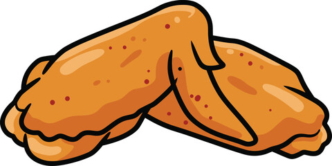 Two crispy fried chicken wings are isolated on white background in this appetizing cartoon illustration