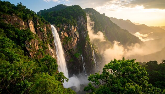 Majestic waterfall cascading down rocky cliffs - Powered by Adobe