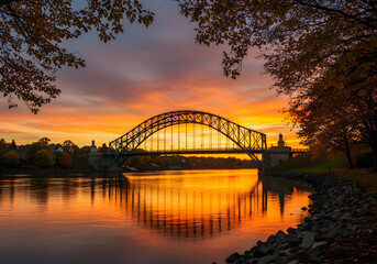 Fototapeta premium Emerald green arch bridge over calm water at sunset, autumn foliage, golden hour, clear sky, reflections on the water.