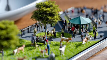A detailed miniature park scene with people, dogs, trees, and a gazebo.