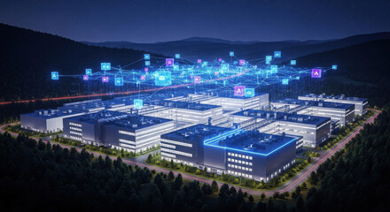 Obraz premium Futuristic data center complex illuminated at night, surrounded by forest, with glowing digital network icons and connections symbolizing artificial intelligence and cloud computing technology