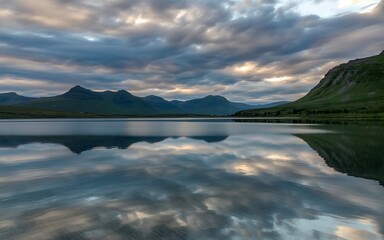 Calm lake reflecting dramatic cloudy sky and green mountains