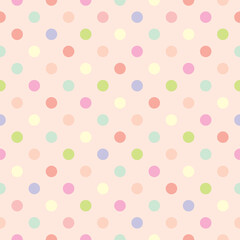 Colorful pastel polka dots on baby pink background - retro seamless vector pattern for backgrounds, blogs, www, scrapbooks, party or baby shower invitations and wedding cards.
