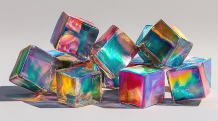 Iridescent cubes scattered on a neutral surface, reflecting light