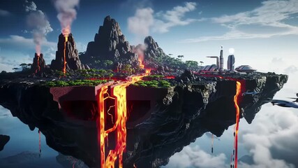 Floating volcanic island with erupting volcano and flowing lava, futuristic city, science fiction adventure, dramatic sky, lush greenery, advanced technology, flying vehicles, blending natural wonder