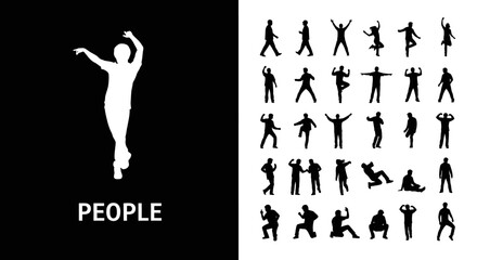 Silhouette of people in various poses against a black and white background with text people