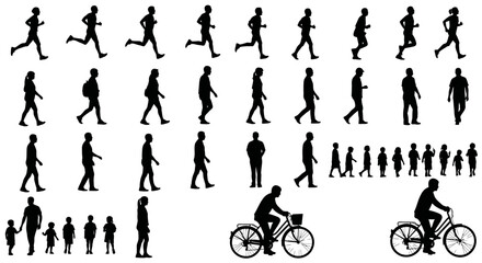 Silhouette collection of people walking running standing and riding bicycles on a white background