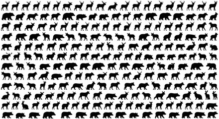 Silhouette pattern featuring a dense collection of various animal species in black on white background