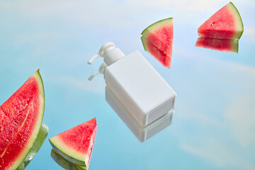 White cosmetic pump bottle with watermelon slices on reflective surface under sky, ideal for SPF...