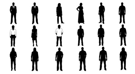 Silhouette illustrations of diverse standing people in various poses and attire on a white background