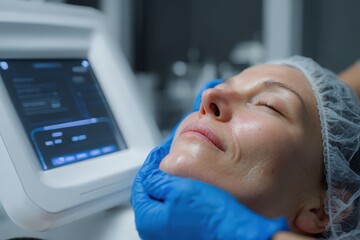 AI-powered dermatology scanner scanning patient skin, skin texture in high detail, clean tech interface 