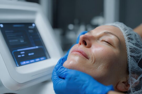 AI-powered dermatology scanner scanning patient skin, skin texture in high detail, clean tech interface 