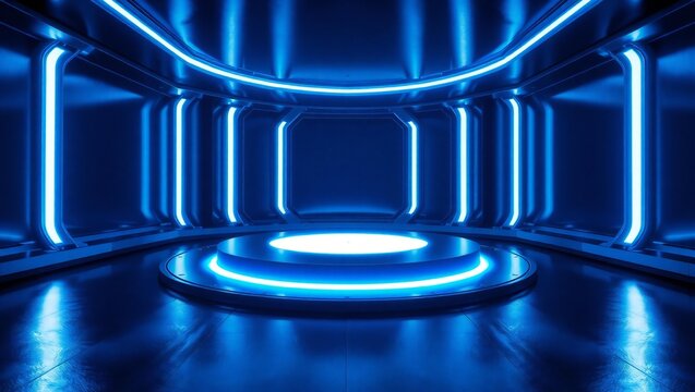 Futuristic neon blue sci fi tunnel with glowing podium