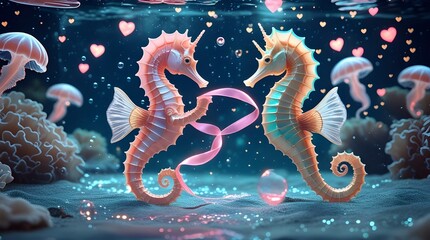 A surreal underwater scene of a male and female seahorse performing an elegant acrobatic show in the deep ocean.