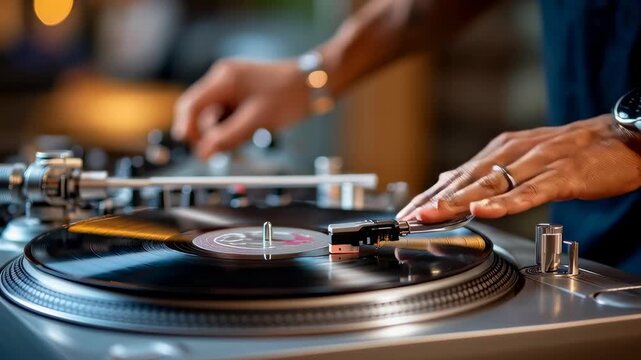 A dj's hands expertly mixing music on a turntable, creating a vibrant atmosphere.