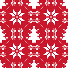 Fototapeta premium Christmas and New Year seamless pattern. White snowflakes and Christmas tree on red pixel pattern for winter hat,jumper,sweater, wrapping,fabric,border,rim,carpets, blankets, towels.