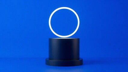 Illuminated oval ring on a dark pedestal against a vibrant blue background