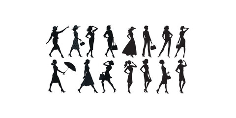 Print  stylish women Silhouette in diverse poses, collection of woman showcasing fashion and elegance on a white background, perfect for design, art, and fashion projects