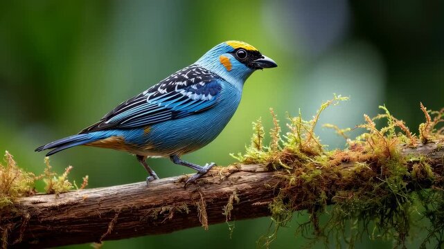 A stunning blue and yellow tanager bird rests elegantly on a mossy branch.