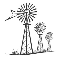 Silhouette of Three Traditional Farm Windmills on Grassy Hill wind turbine agriculture