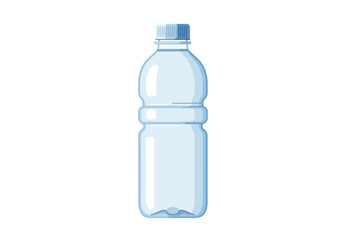 An empty transparent plastic water bottle with a blue cap is centered on a white background
