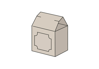Rectangular houseshaped cardboard box with label tan color and simple isolated design