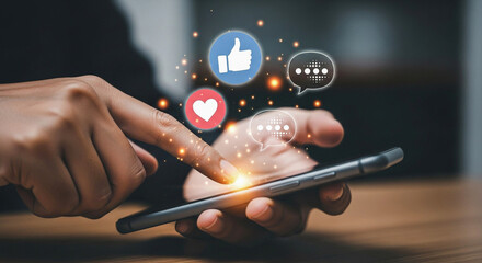 Person using smartphone with social media icons floating