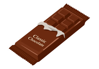 Wrapped chocolate bar with partially opened packaging and visible chocolate squares