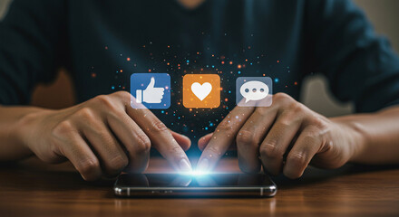 Person using smartphone with social media icons floating