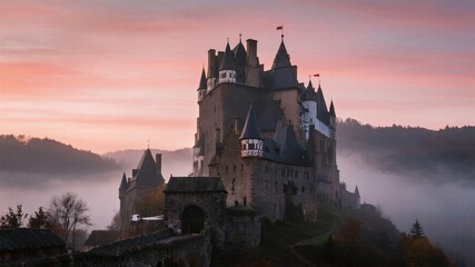 Stunning medieval castle at sunrise, nestled in misty valley, evoking a sense of history, fantasy, and travel, perfect for tourism or travel campaigns