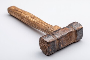 A rustic, dark brown hammer with a wood handle rests on a white background