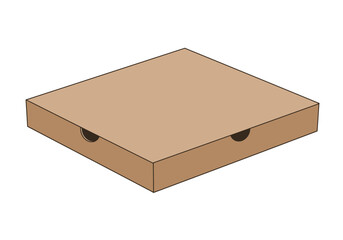 A brown square pizza box sits at an angle showing two semicircular finger holes on its side