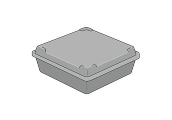 Gray closed square takeout container viewed from a slightly elevated perspective on a white background