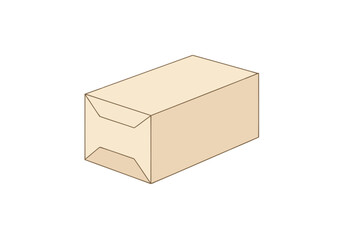 Isometric illustration of a beige cardboard box featuring geometric flaps on the visible end
