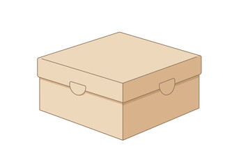 A tan closed cardboard box with a separate lid featuring two semicircular cutout handles on opposite sides