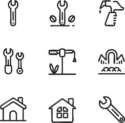 Fototapeta premium Home repair and gardening vector icon set outline style wrench,spray bottle,irrigation,home,plumbing,maintenance,lawn care,adjustable stroke icon set