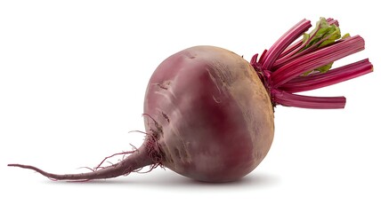 Fresh beetroot with green stems and root on white background