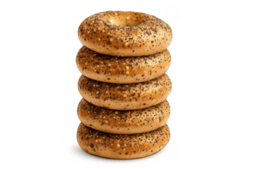 Stacked everything bagels with golden, crispy exterior, densely coated in poppy and sesame seeds, illuminated on clean white surface