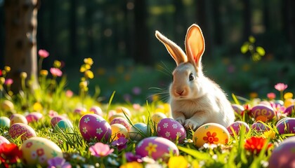 Easter bunny basks in sunlit forest clearing amidst colorful eggs, background, grass