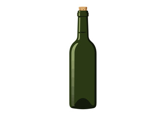 An empty green wine bottle is sealed with a light brown cork centered on a white backdrop