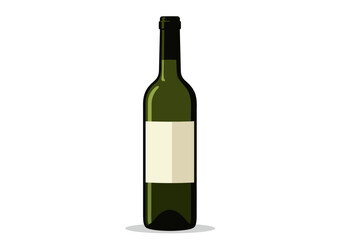Green wine bottle with a blank beige label standing upright casting a subtle shadow