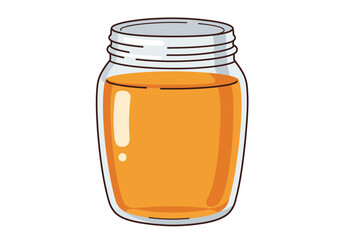 A glass jar is filled with orange liquid and sits on a white background