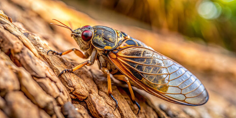 A cicada perches on the textured bark of a tree, showcasing its vibrant colors and intricate wing patterns. Sunlight filters through the leaves, highlighting the insect's details
