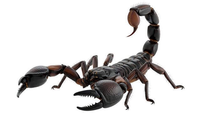 Close up of a black scorpion with a raised tail and claws on a white background - Powered by Adobe