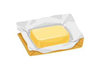 Butter block on open wrapper golden rectangular unwrapped cartoonish paper beneath