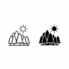Two contrasting icons depict a sunlit coniferous forest, one outlined, one solid black.