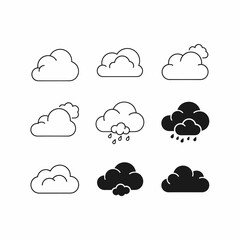 Fototapeta premium A collection of nine stylized cloud icons, depicting various weather conditions, in black and white.